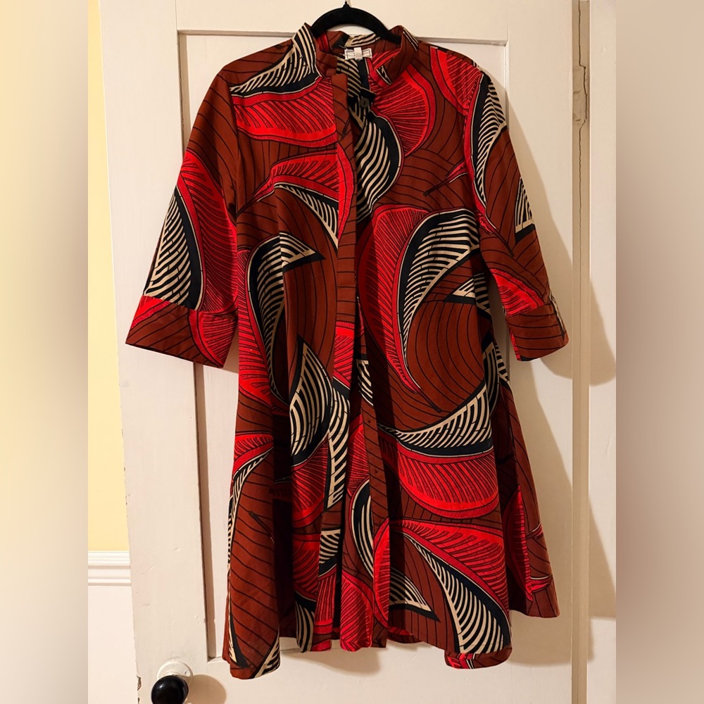 Bold Swirl Print Midi Dress in Red, Brown & Black, Zuri Kenya Dress medium